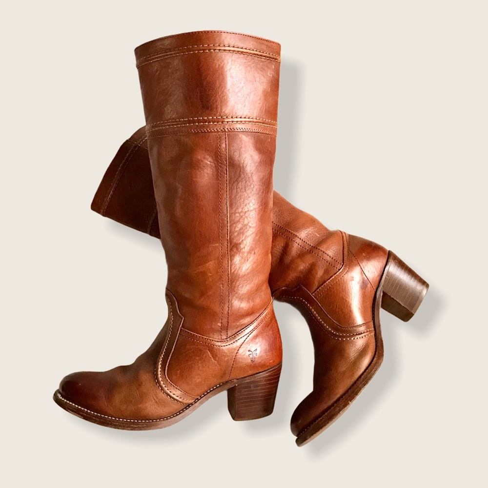 Frye Jane Stitch Leather Heeled Knee High Boots - Picture 16 of 16
